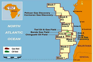 شكل يوضح مواقع حقول الغاز والنفط على السواحل الموريتانية (المصدر: وزارة المعادن الموريتانية)